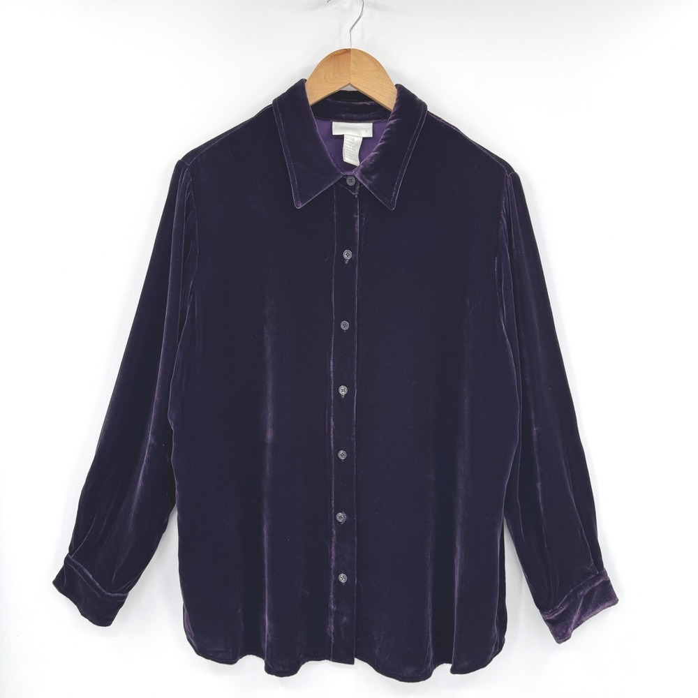 Soft Surroundings Tunic Button Down Shirt PXL Purple Silk Blend Velvet